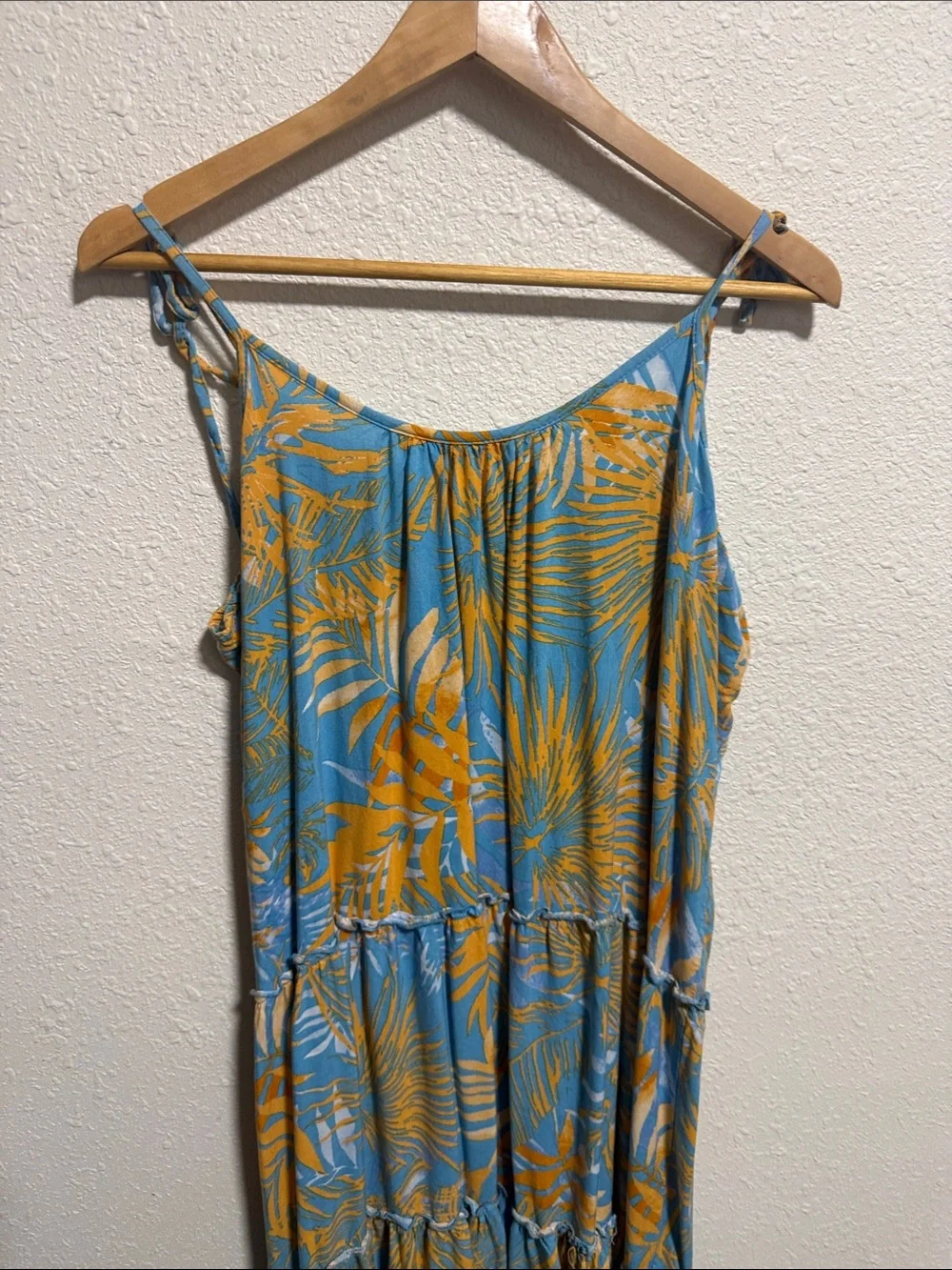 Blue Island Tropical Palm Print Tiered Midi Dress Blue Orange Large Tassel Tie - Picture 6 of 10